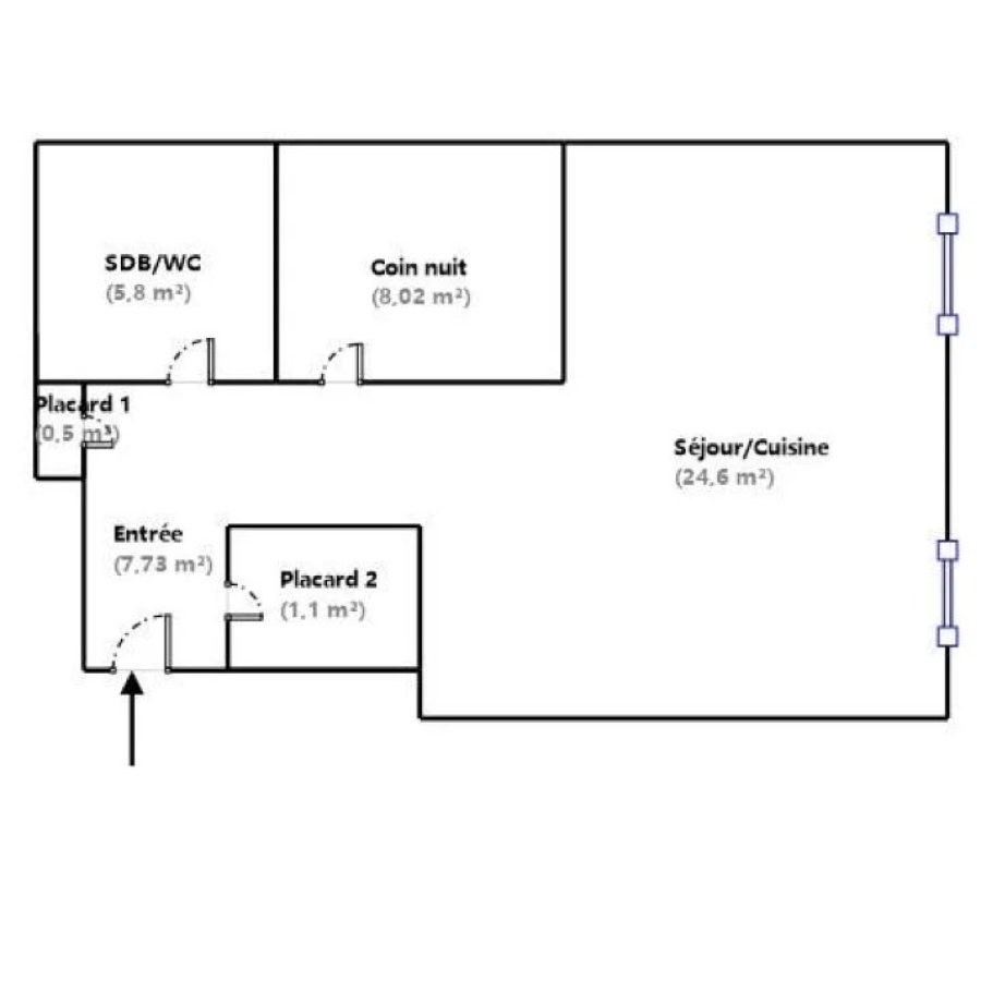 Grand studio de 47,75 m2 en rez-de-chaussée