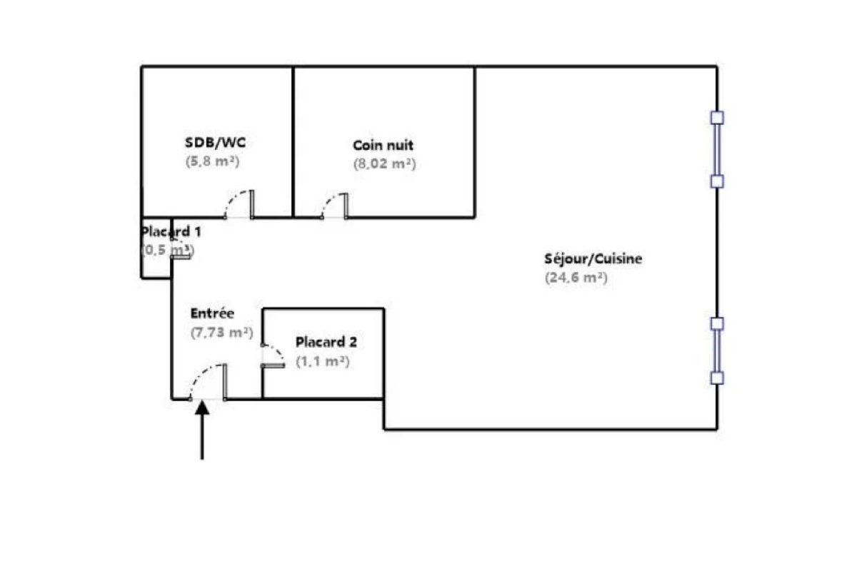 Grand studio de 47,75 m2 en rez-de-chaussée